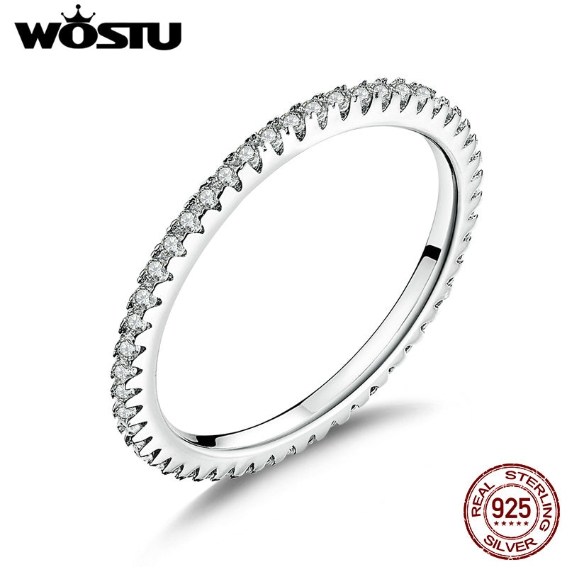WOSTU Genuine 100% 925 Sterling Silver Glitter Zircon Wedding Rings Round Stackable Finger For Women Engagement Jewelry FIR066