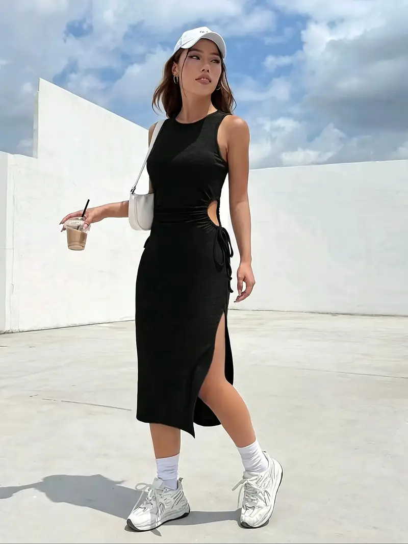 Sense Dew Waist Lace Slim Sexy Side Slit Bag Hip Dress Summer Round Neck Sleeveless Vest Dress Female