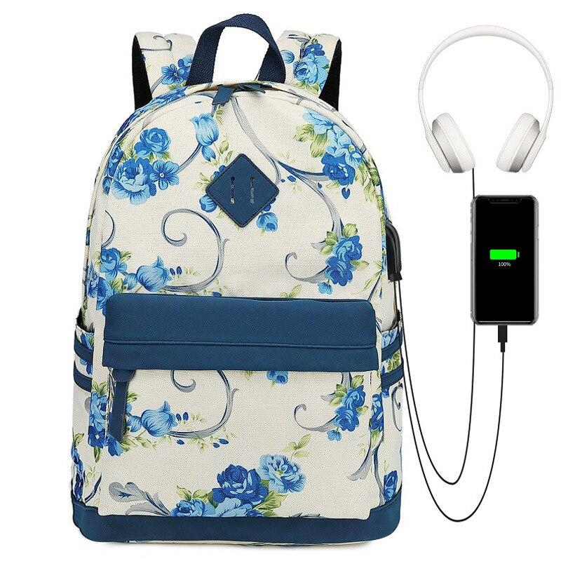 Fengdong flower schooltassen voor meisjes, tieners, usb-rugzak, damestas, middelbare schooltas, schooltas voor tieners: Blauw