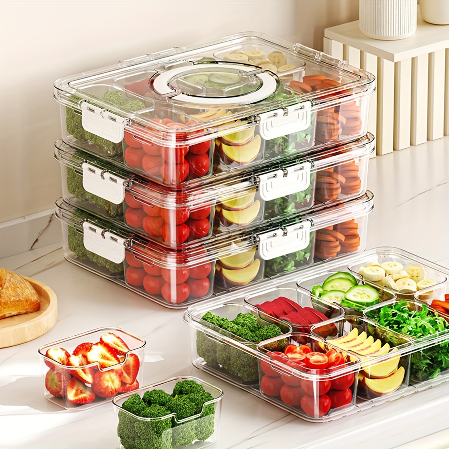 Divided Plate with Lid, Food Storage Box, Snack Box, 4/8 Grid Snack Box, Fruit Storage Box for Refrigerator, Vegetable, Fruit
