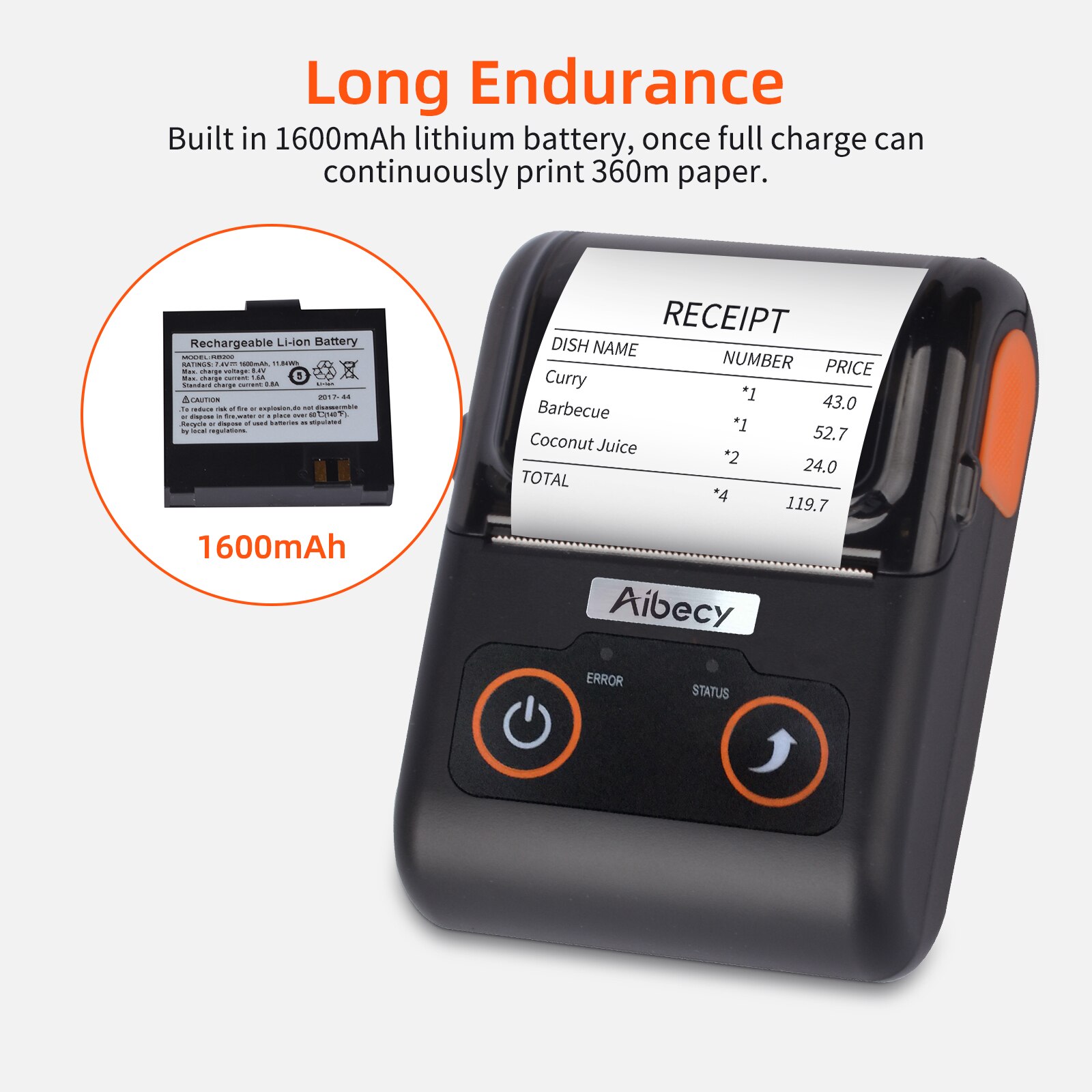 Aibecy Receipt Printer 58MM Thermal Printer Mobile POS Printer USB BT ESC/POS Command Compatible with Windows Android iOS