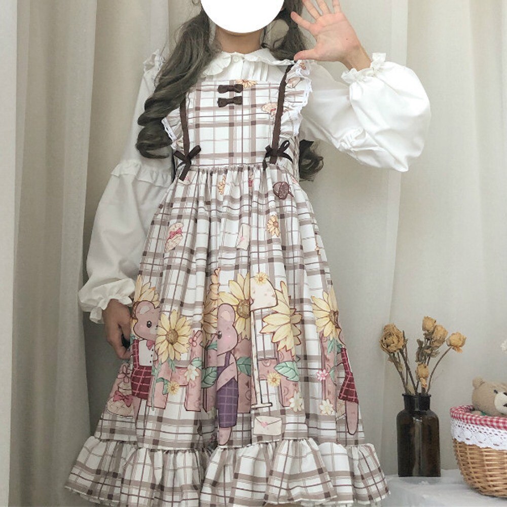 Sommer vår jsk søt lolita kjole volanger lolita sløyfe stroppe sele kjole tegneserie rutete kjole+bluse skjorte sett afc 485