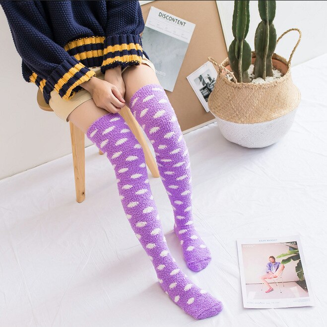 Women's Knee Socks Winter Coral Fleece Knee-socks Long Over Knee Cute Stockings Thick Warm Striped Socks: Purple and white dot