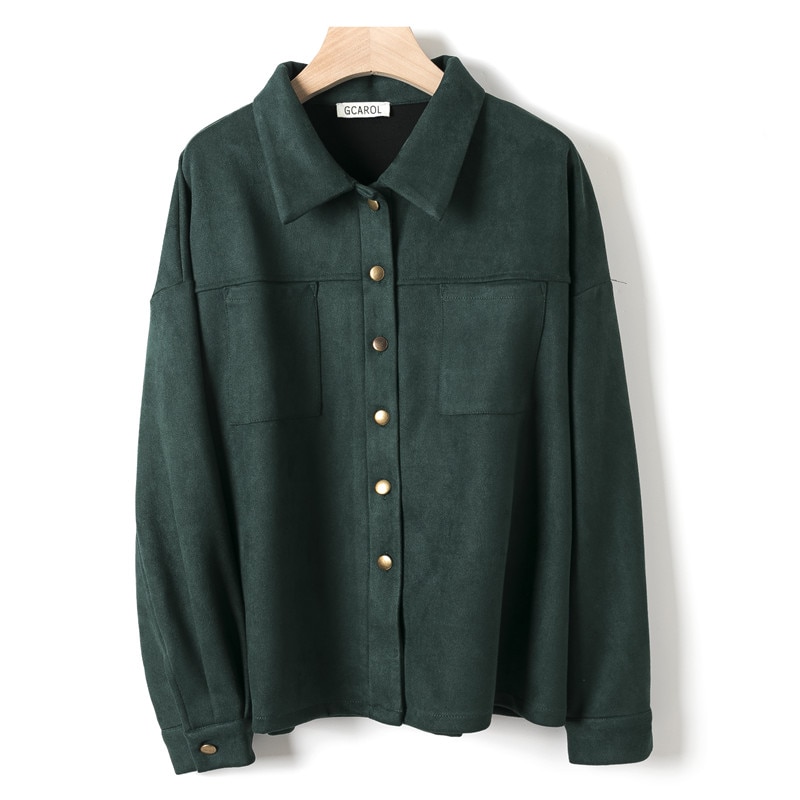 GCAROL-Chaqueta de terciopelo con cuello vuelto para mujer, abrigo grueso de un solo pecho con hombro caído, oversize, para otoño e invierno,: Blackish Green