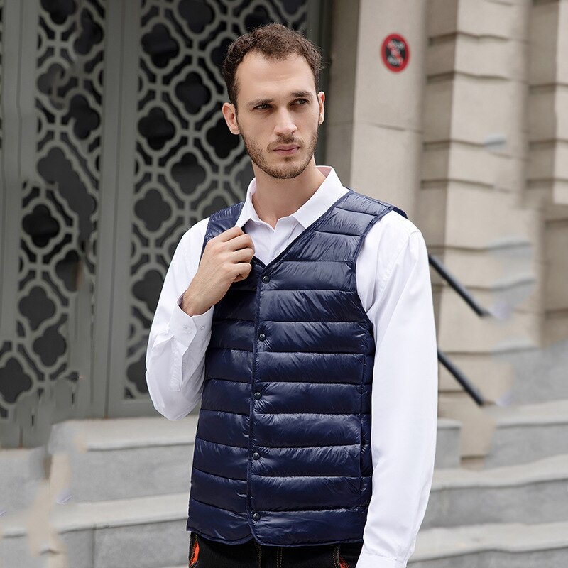 Automne coton gilet Hommes sans manches Hommes col en V gilet Veste solide mince Hommes Veste surdimensionné poche Chaqueta Hombre 4XL: Navy Blue / 4XL