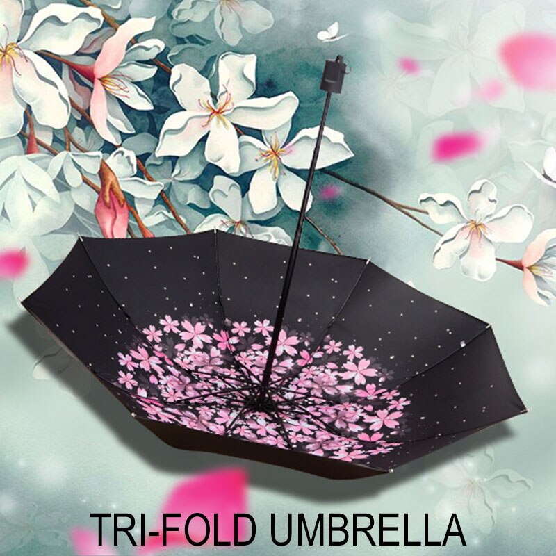 Sombrilla Sakura paraguas al aire libre a prueba de polvo paraguas Anti-UV triple plegado 8 huesos tela adhesiva negra viaje día de lluvia
