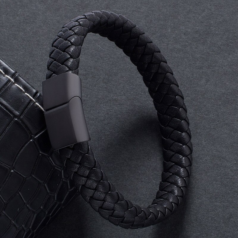 Bracelet Men Braided Leather Bracelet Exquisite Stainless Steel Magnetic Clasps Wrist Band Bangles BB740