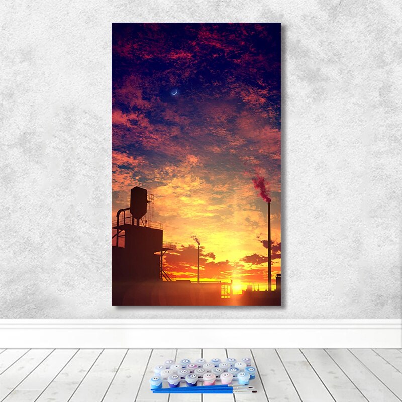 Schilderen op nummer kunst handgetekende illustratie landschap schemering lucht roze wolken huis gang decoratief schilderij: 7553 / 48 x 80cm zonder frame