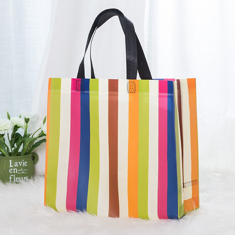 Striped Non-woven Fabric Reusable Shopping Bags Large Foldable Tote Grocery Bag Travel Eco Friendly Bag Bolsa Reutilizable: multicolor / M