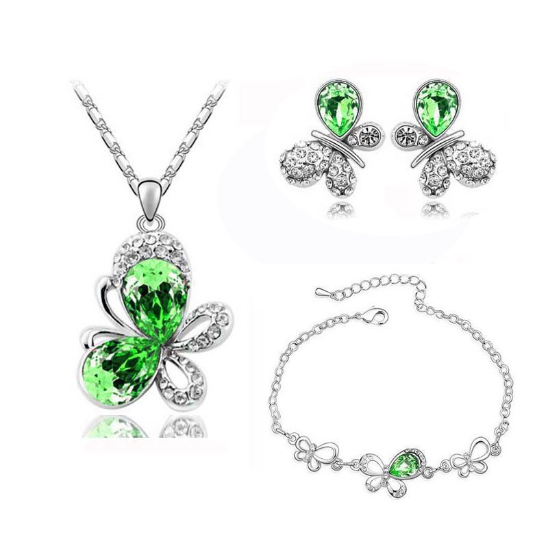 Østrigsk krystal sommerfugl vedhæng smykkesæt halskæde øreringe armbånd tilbehør sød romantisk: Grøn