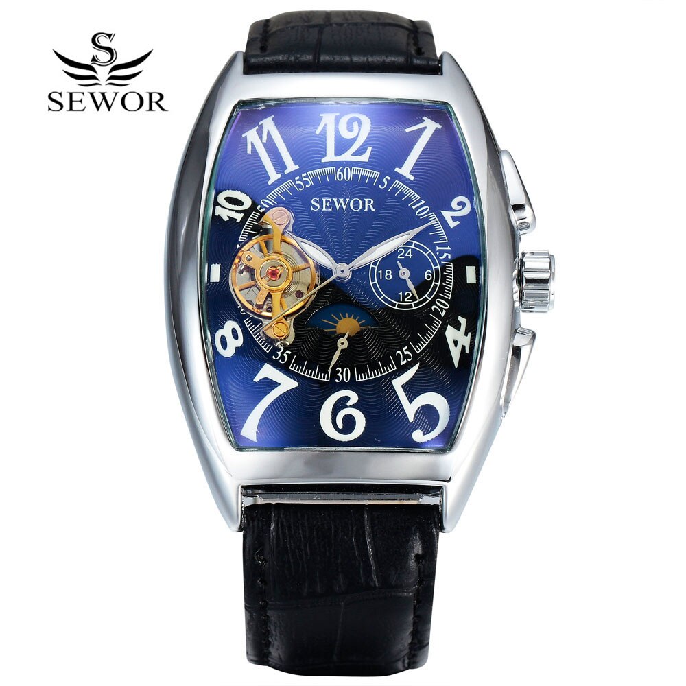 SEWOR Luxury Tourbillon Watches Men Automatic Mechanical Watches Tonneau Watches Casual Men Watches Moon Phase reloj: 15577black