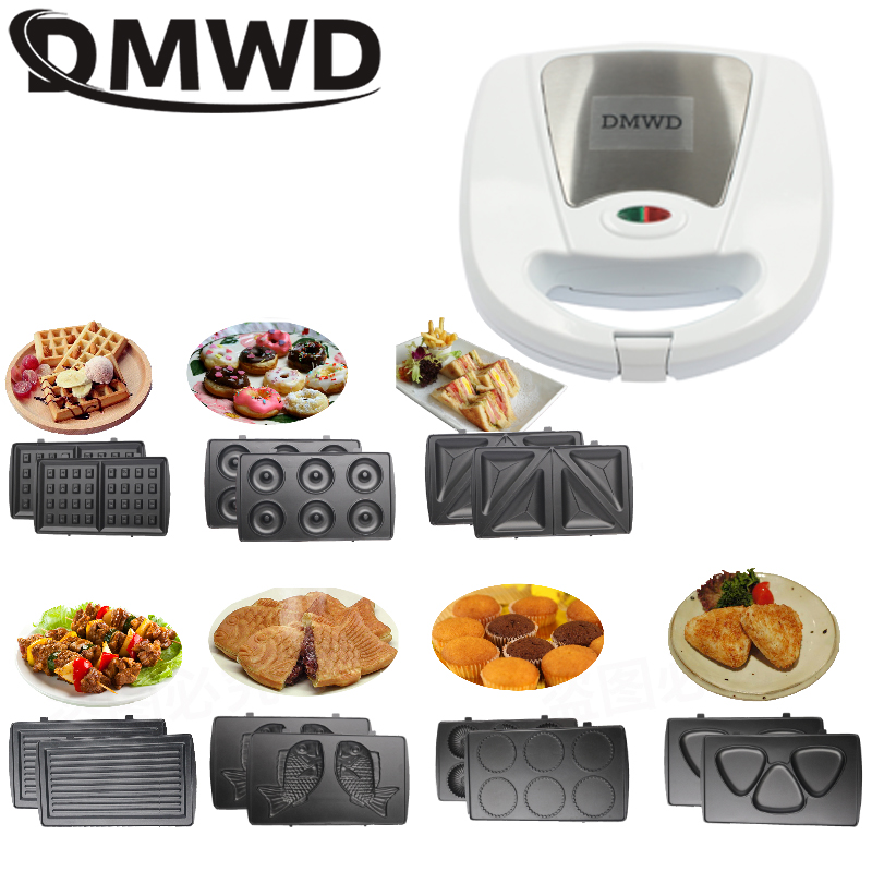 DMWD 110V Multifunction Eggs Sandwich Maker Muffin Waffle Toaster Donuts BBQ Frying Pan Mini Breakfast Baking Machine 7 Plates