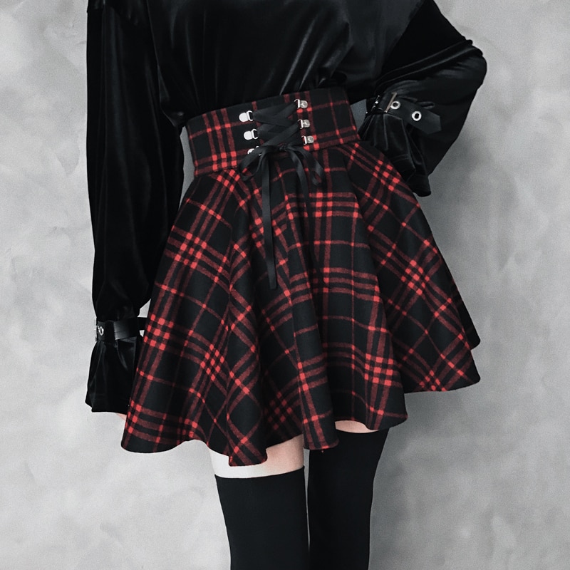 Nueva falda gótica de Punk de Harajuku para mujer, primavera , informal, roja, plisada, de lana, femenina, faldas con cordones