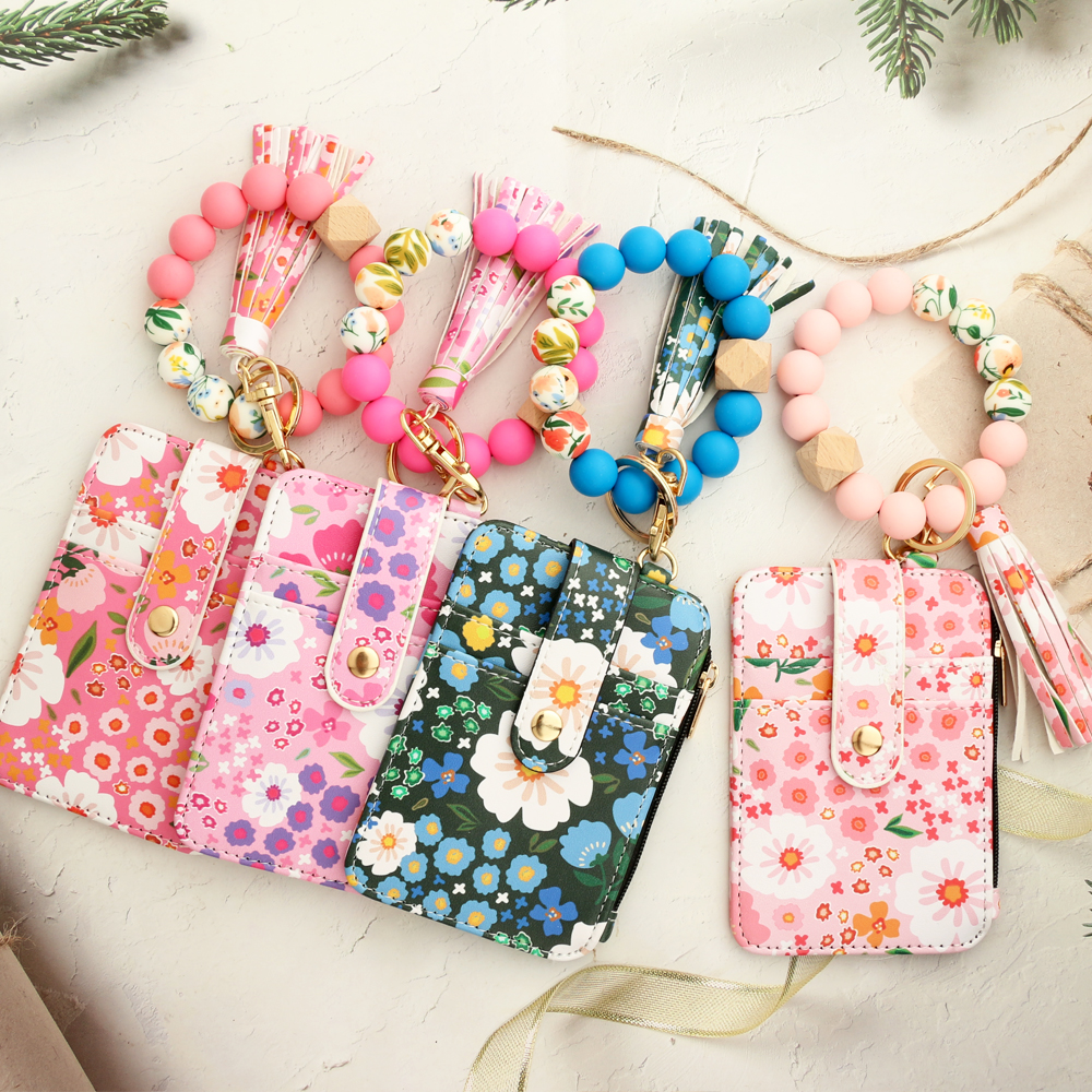 Silicone bead pu leather key chain wristlet id credit card holder keychain wallet for women Pink Flower Print Wallet