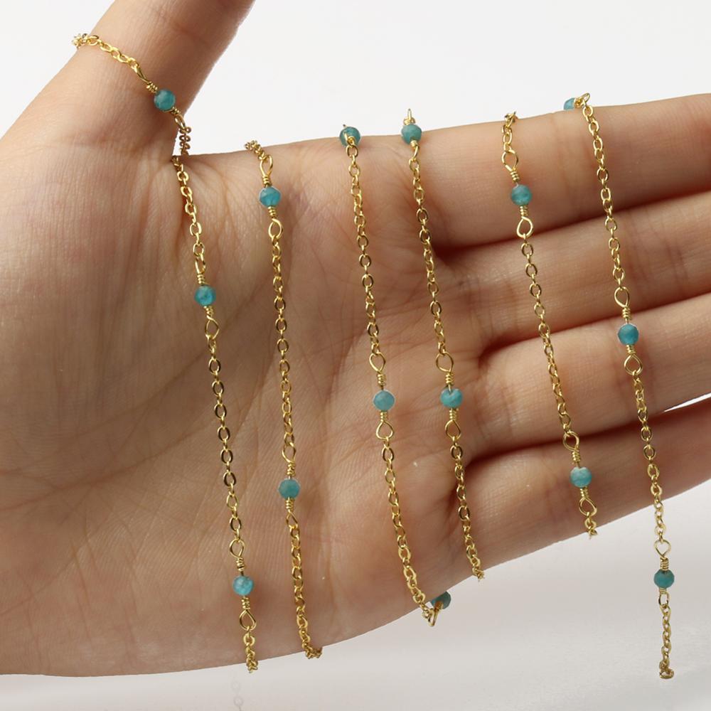 Gold Plated Stainless Steel Wire Wrapped Rosary Chain Stone Bead Chains for Jewelry Making DIY Bracelet Findings 1m/lot: blue chalcedony