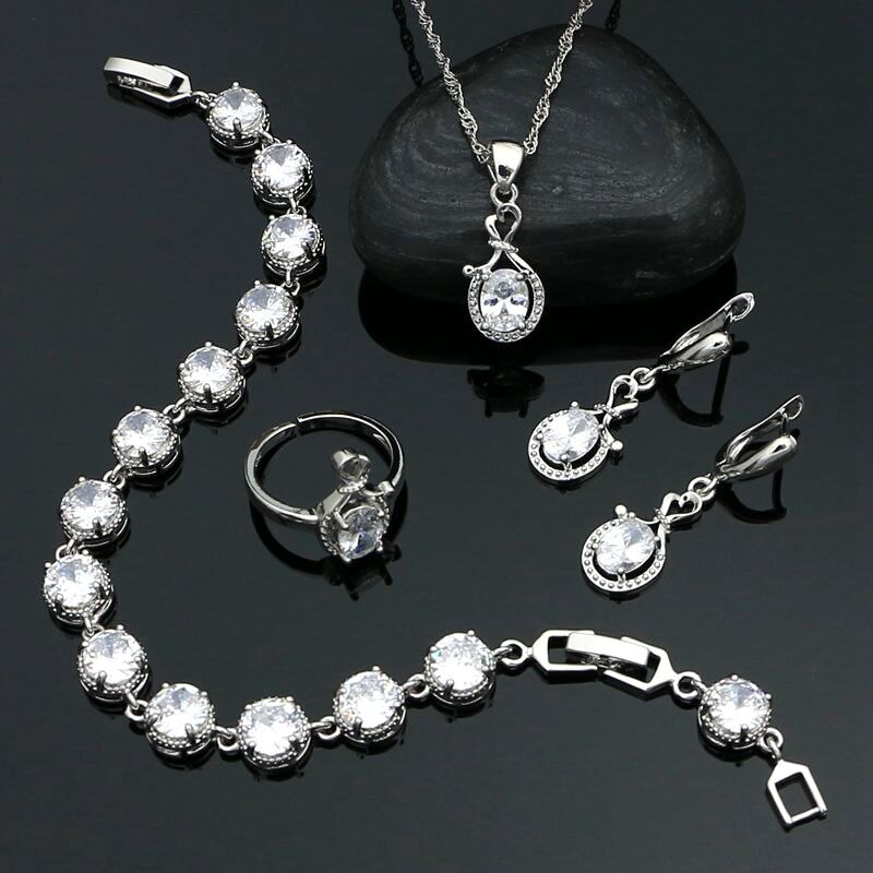 Weiß Topas Schmuck einstellen Silber 925 Offenen Ring Ohrringe Armbinde Kette Anhänger Klassische Hochzeit Zubehör für Frauen