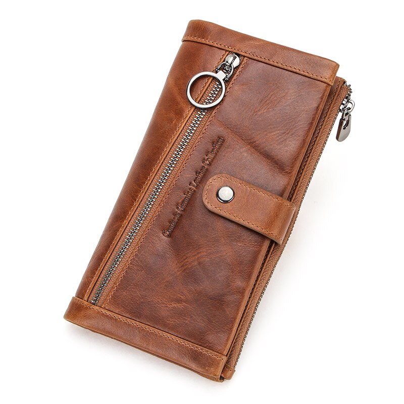 CONTACT'S 100% Genuine Leather Men Wallet Multifunction Long Purse with Coin Pocket Zipper Cartera Male Card Holder Rfid Wallets: Brown