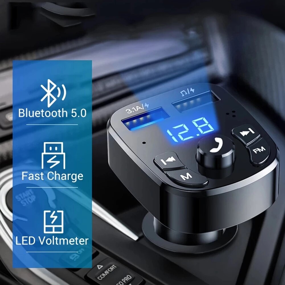 Auto-freisprecheinrichtung mit 5.0 fm sendern, bluetooth-kompatibel,  mp3 modulatoren, freisprech-audioempfängern und 2 usb-schnellladegeräten