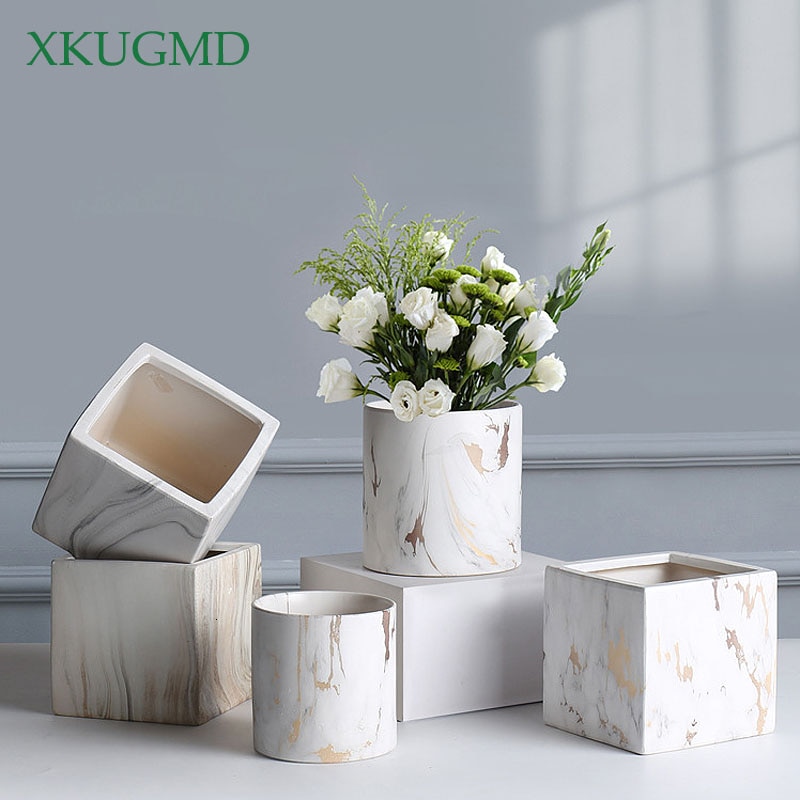 Marmer Patroon Keramische Bloempot Vierkante Cilinder Creatieve Bloempot Desktop Bloemstuk Container Woondecoratie