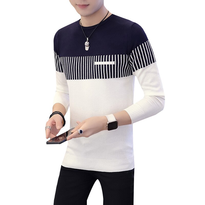 Mænd afslappet bomuldstrøje patchwork o-hals langærmet slim fit pullover efterår vinter strikket tøj dropshopping