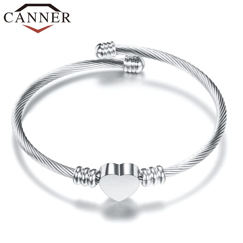 CANNER Adjustable Simple Stainless Steel Woven Heart Open Bangle Gold/Rose gold/ Silver Color Charm Babgles for Women Jewelry FO: Steel color