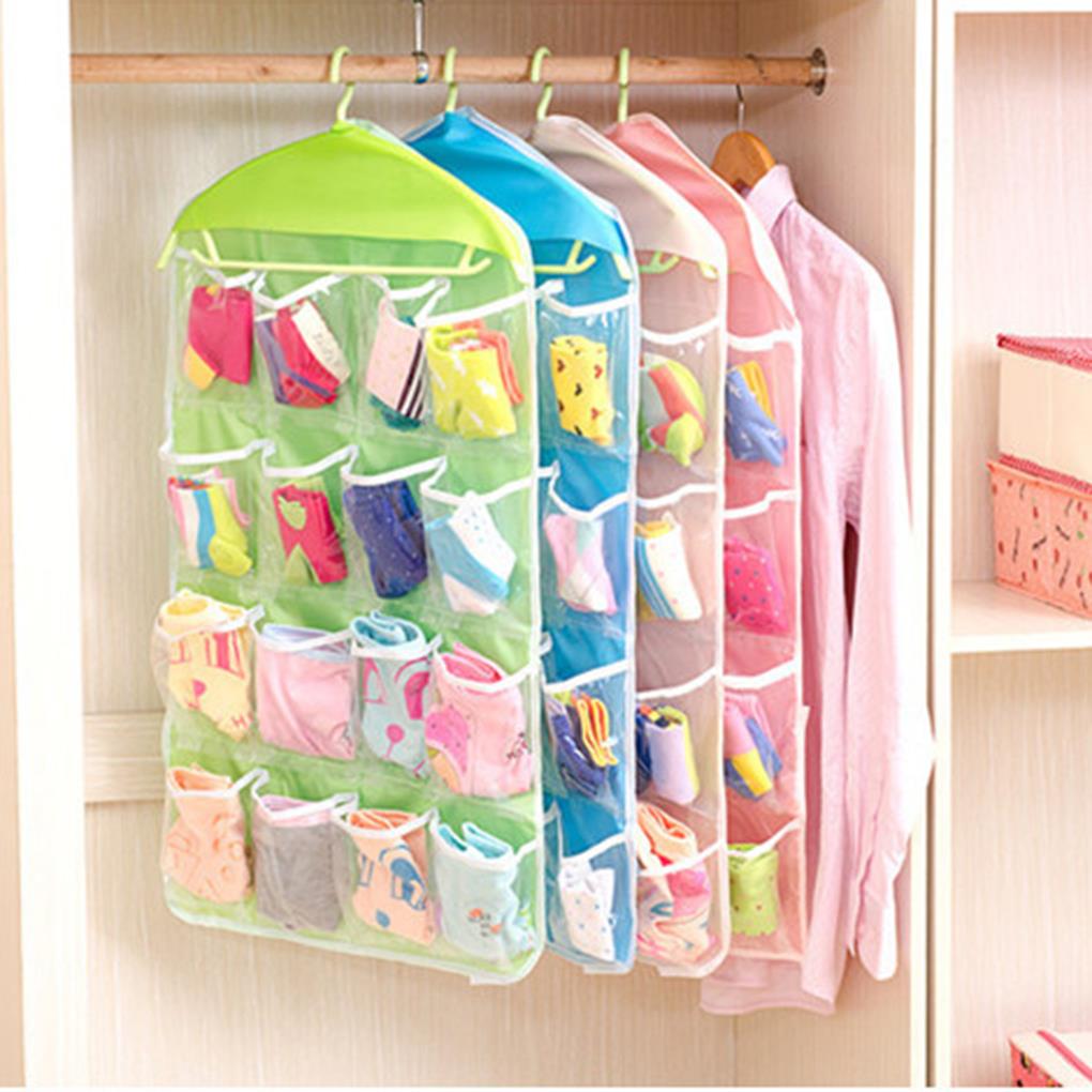 16 Grids Foldable Wardrobe Hanging Bags Container Clothing Underwear Bras Socks Ties Hanger Shoes Storage Bag