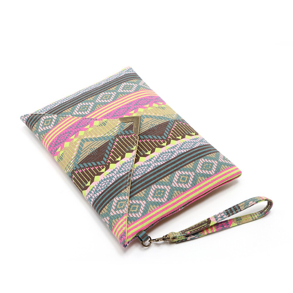 Boho randigt tryck canvas lång dam plånbok dam korthållare tribal kvinnlig handväska väska med kopparaktig dragkedja #f