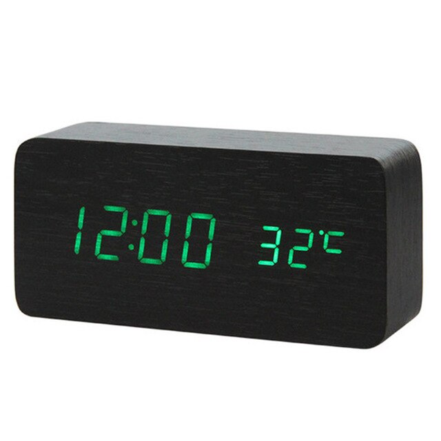 LED Wooden Alarm Clock Desktop Watch Voice Control Temperature Humidity Living Room Display Desk Alarm Clocks Home Decor: Black Wood Green N