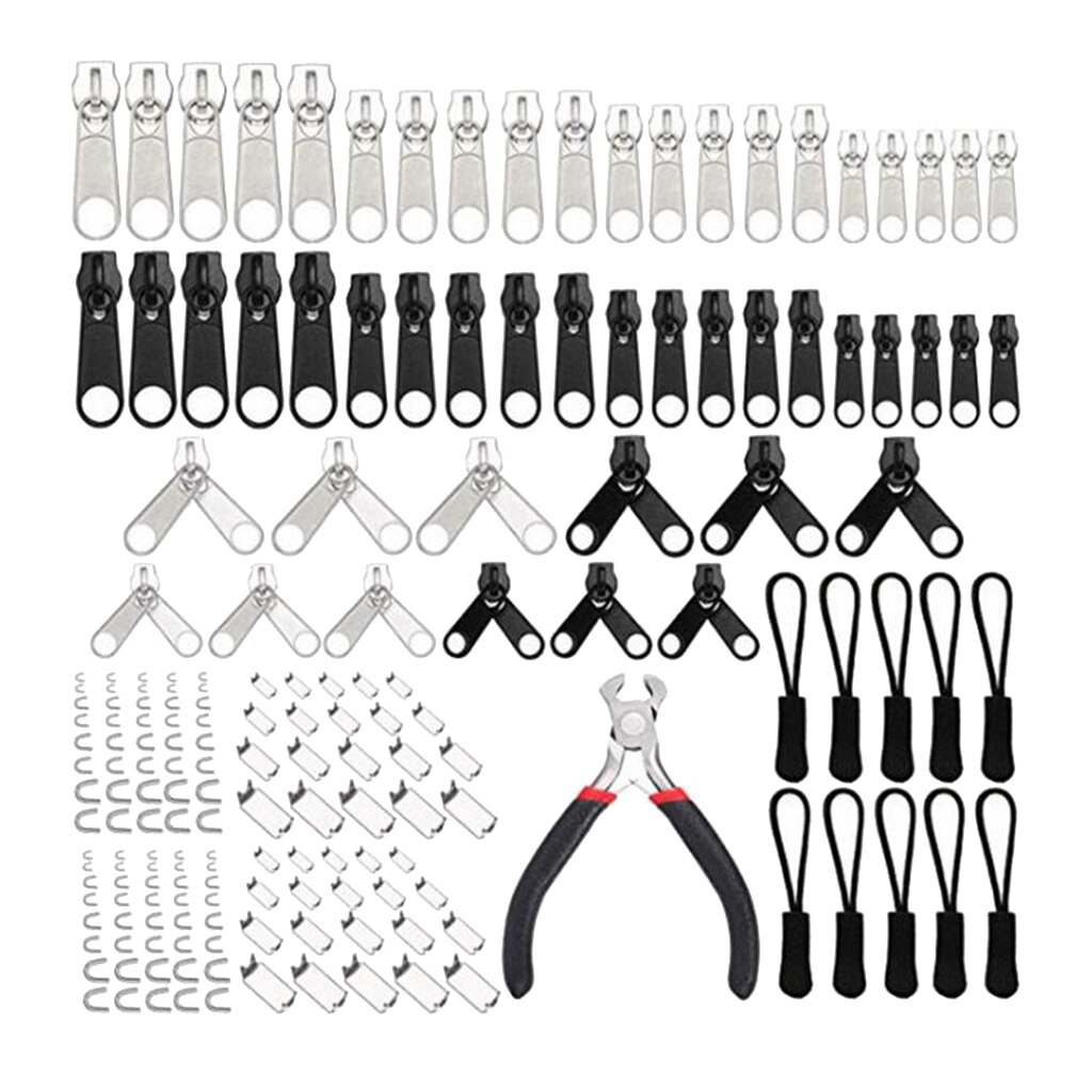 183Pcs Zipper Repair Kit Replacement Full Set Zipper Pull Puller Rescue Kit with Install Plier Tool - Silver and Black