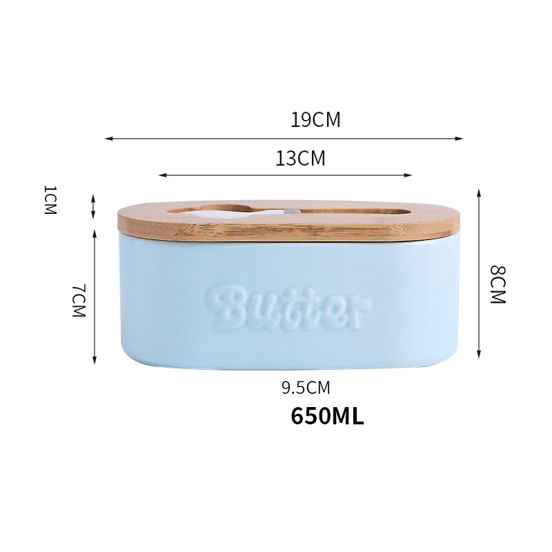 Plato de cerámica para mantequilla con tapa, contenedor de mantequilla con tapa de madera, con cuchillo, bandeja, plato de queso, 650ml: Blue