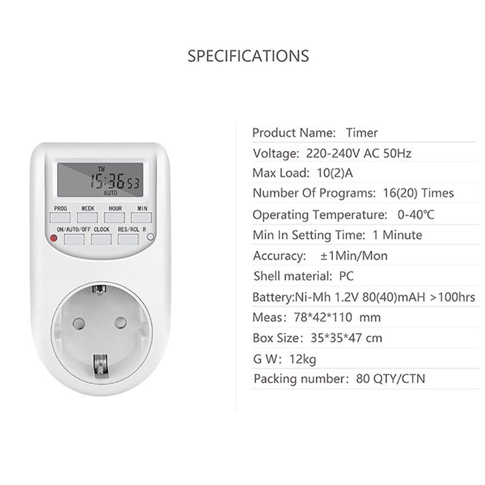 Kebidu Digitale Timer Switch Eu Plug Keuken Timer Outlet 220V 50Hz 10A 7 Dag 12/24 Uur Programmeerbare Timing socket
