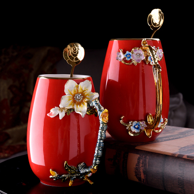 Europe Novelty Enamel Coffee Cup Mug Flower Tea ceramics Cups for and Cold Drinks Milk Alloy Handgrip Cups and Mugs