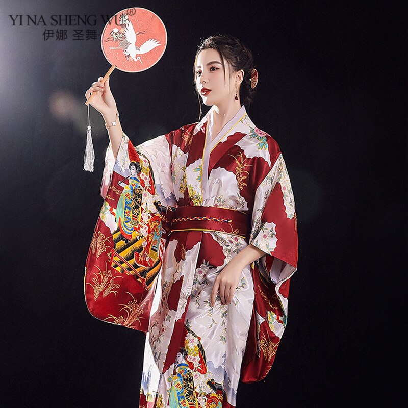Kimono japonés Sexy para mujer, traje de Cosplay tradicional, de satén Floral, talla única, Yukata con Obi, novedad: H0058-6 Wine red