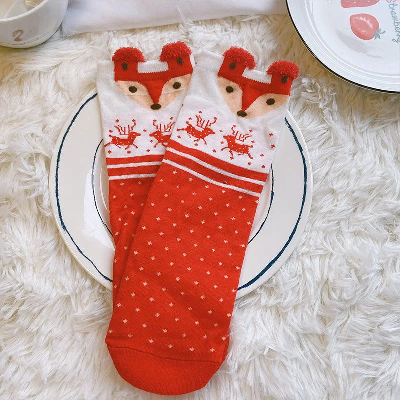 Julesokker dame tegneserie rød elg bjørn rev bomull søte sokker til høst vinter juleår størrelse 34-42: Svart