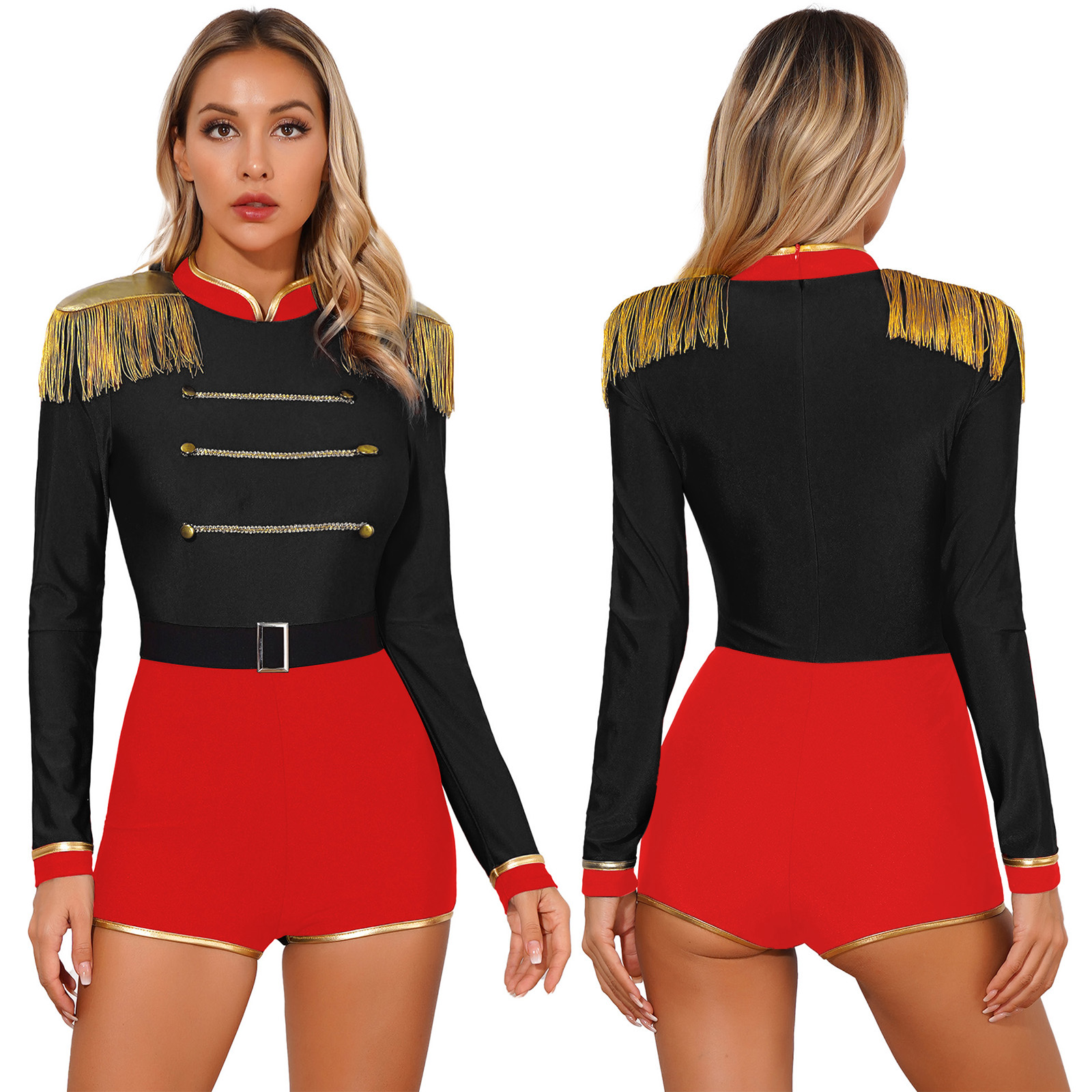 Womens Circus Ringmaster Jumpsuit Halloween Carnival Theme Party Role Play Costume Long Sleeve Velvet Fringed Cosplay Bodysuit: XXL / black