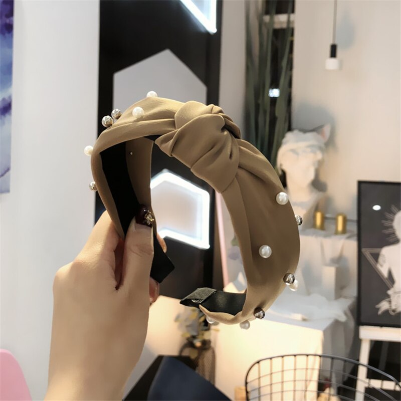 Diadema de tela satinada con cuentas de perlas para mujer, nudo de lazo para niñas, accesorios para el cabello: Beige