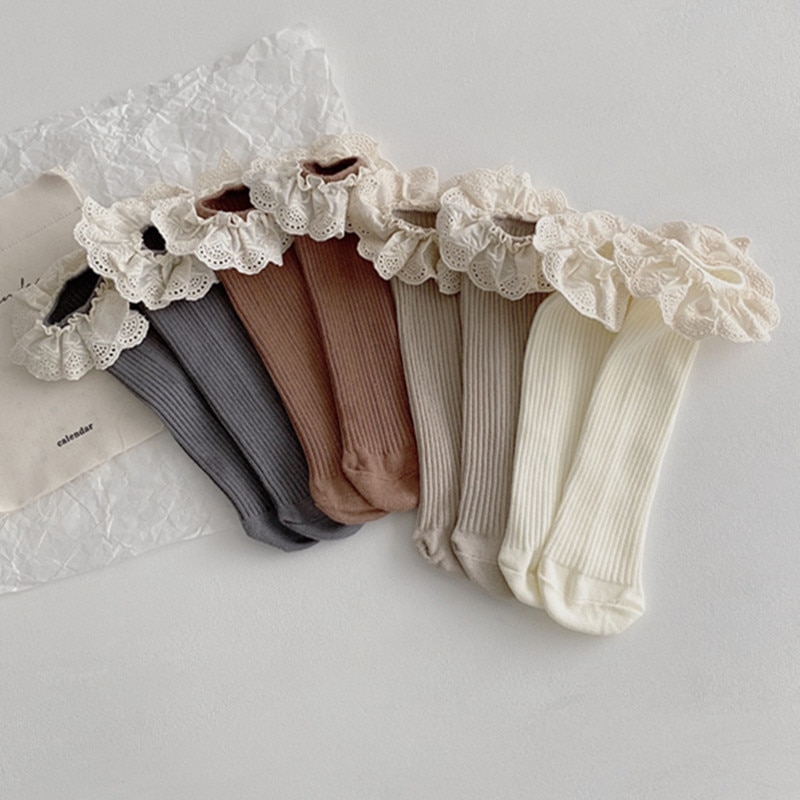 Koreańnarty styl nowe jesienne i zimowe dziecięce dziecięce koronkowe bawełniane skarpetki jednolity kolor dzieci księżniczka długie skarpetki 1-6y