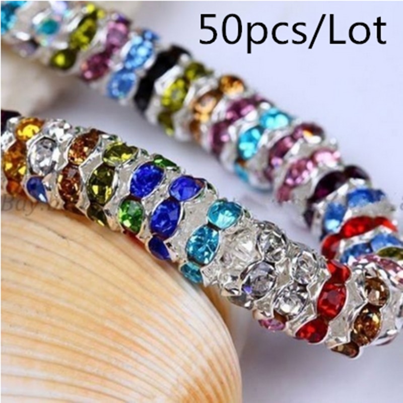50pcs 6MM Metal Silver Plated Crystal Rhinestone Rondelle Spacer Beads 13 Colors For Choose DIY