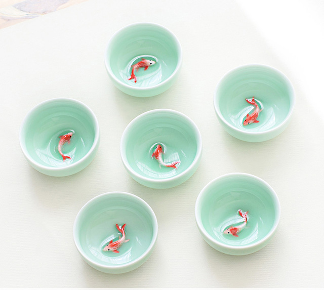 6pcs Celadon Golden Fish China tea set,Kung Fu Tea Cup Set Crackle Glaze Travel Tea Bowl Chinese Porcelain Teacup Set: 01
