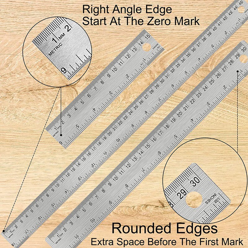 Metal Ruler:6+12+18 Inch Stainless Steel Metal Ruler with Cork Backing Non-Slip Rulers with Inch and Centimeters