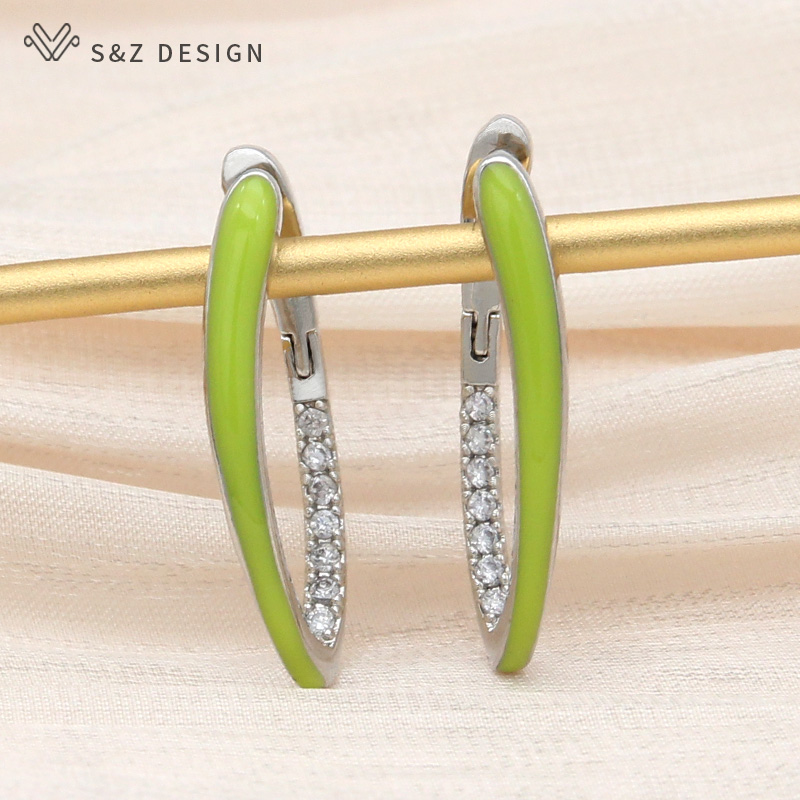 S&Z Mode Goud Kleur Groen Emaille Dangle Oorbellen Voor Vrouwen Bruiloft Zirconia Sieraden: Hot Stamping