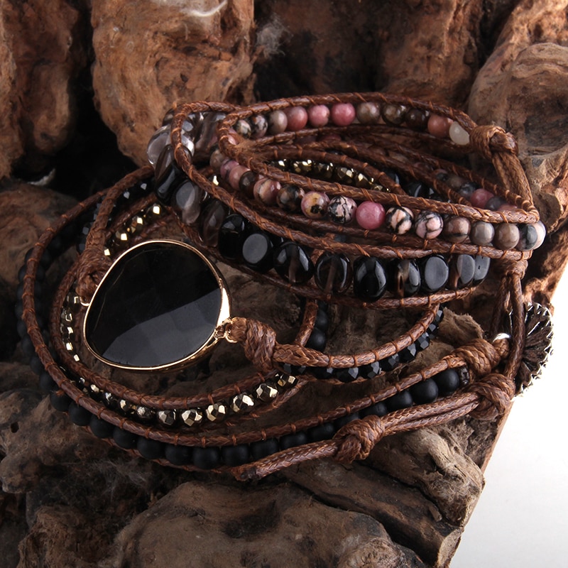 Rh Mode Boho Armband &amp; Kralen Armbander Zwarte Natuursteen Charm Geweven Wrap Armbanden