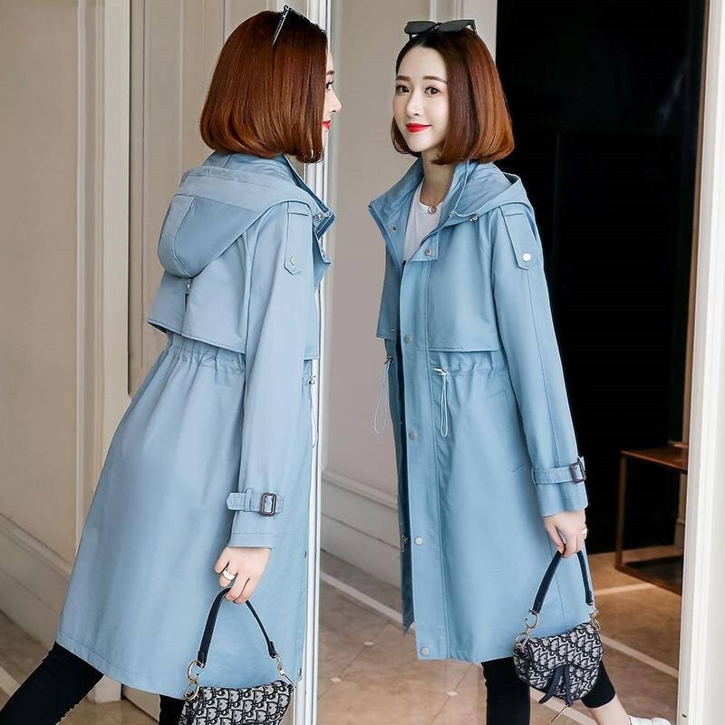Lente zomer klassieke lange trenchcoat dames casual dunne windjack vrouwelijke overjas lange jas vrouwelijke slanke bovenkleding jassen: Blauw / S