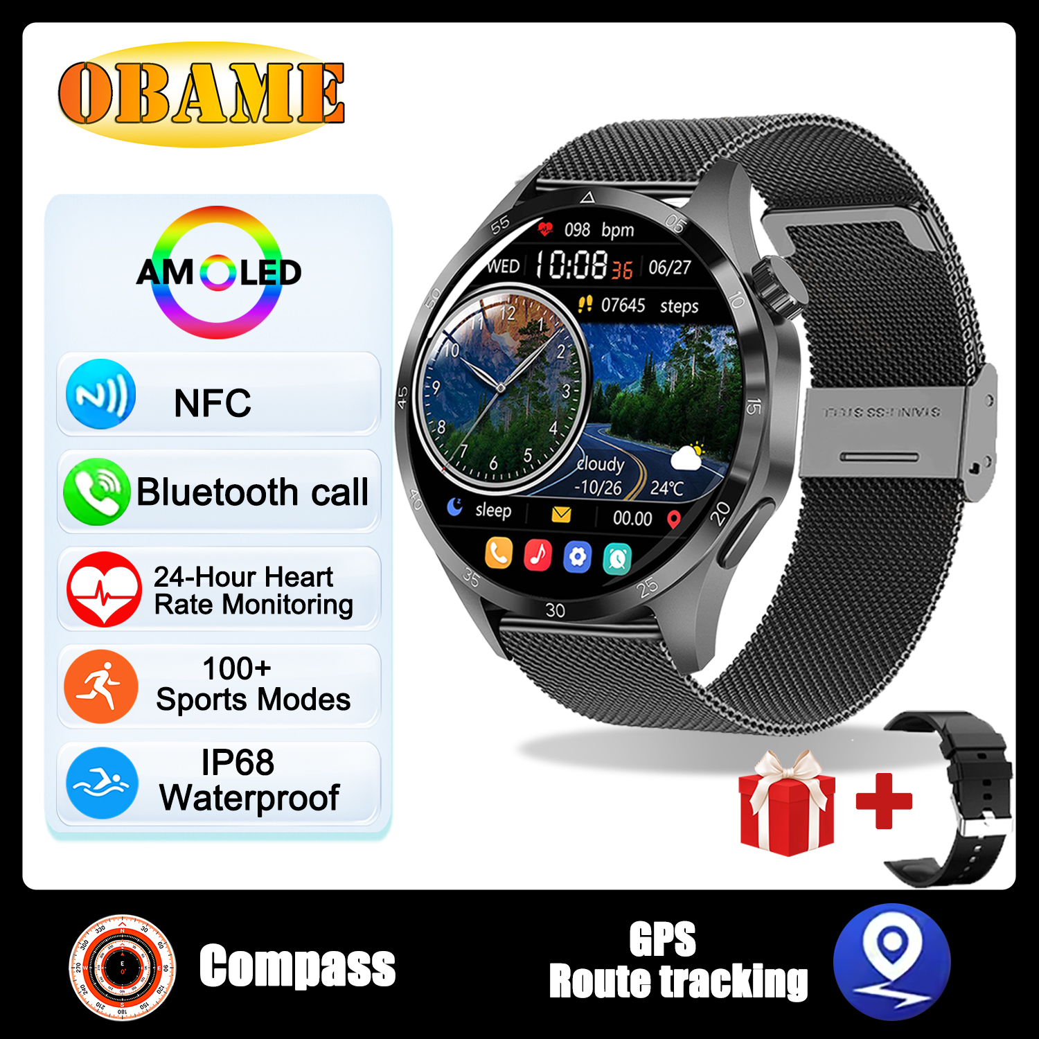 reloj inteligente clásico con GPS, pantalla AMOLED Ultra HD de 1,6 pulgadas, GPS incorporado, llamada BT, NFC, IP68, reloj inteligente resistente al agua para Android IOS: Oro