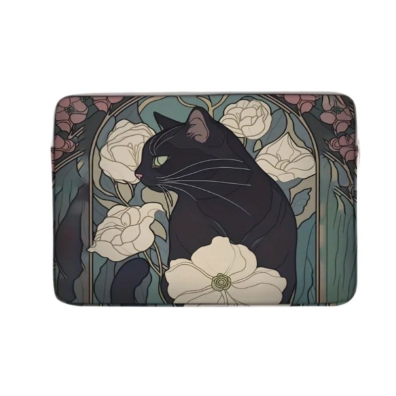 1pc，Two styles, Camellia Black Cat Pattern Printed Laptop Bag Soft Laptop Fabric Cover suitable for 14 inch laptops: MULTI