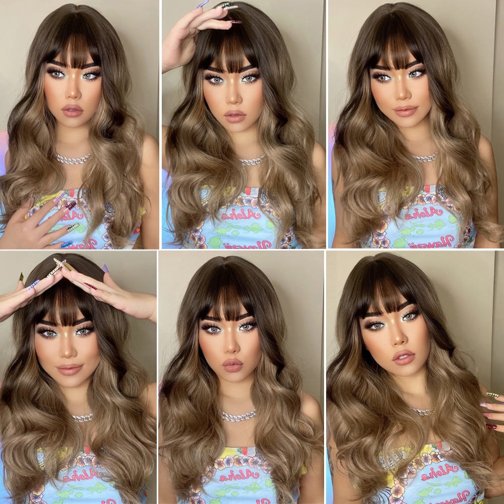 ALAN EATON Ombre Black Brown Long Wave Synthetic Wigs with Full Bangs For Black Women Heat Resistant Fibre Cosplay Party Daily