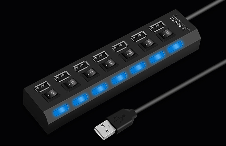 4 Of 7 Poorten Usb 2.0 Hub Lange Kabel Met Micro Usb-poort Opladen, snelle Data Transfer Usb Hub Extender Uitbreiding Connector Voor Pc: Black 7-ports