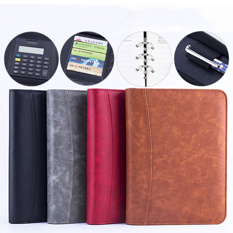 Kawaii Faux Leather A5 Padfolio with Calculator Zipper Binder Notebook Briefcase File Executive Folder Spiral Travel Note Book