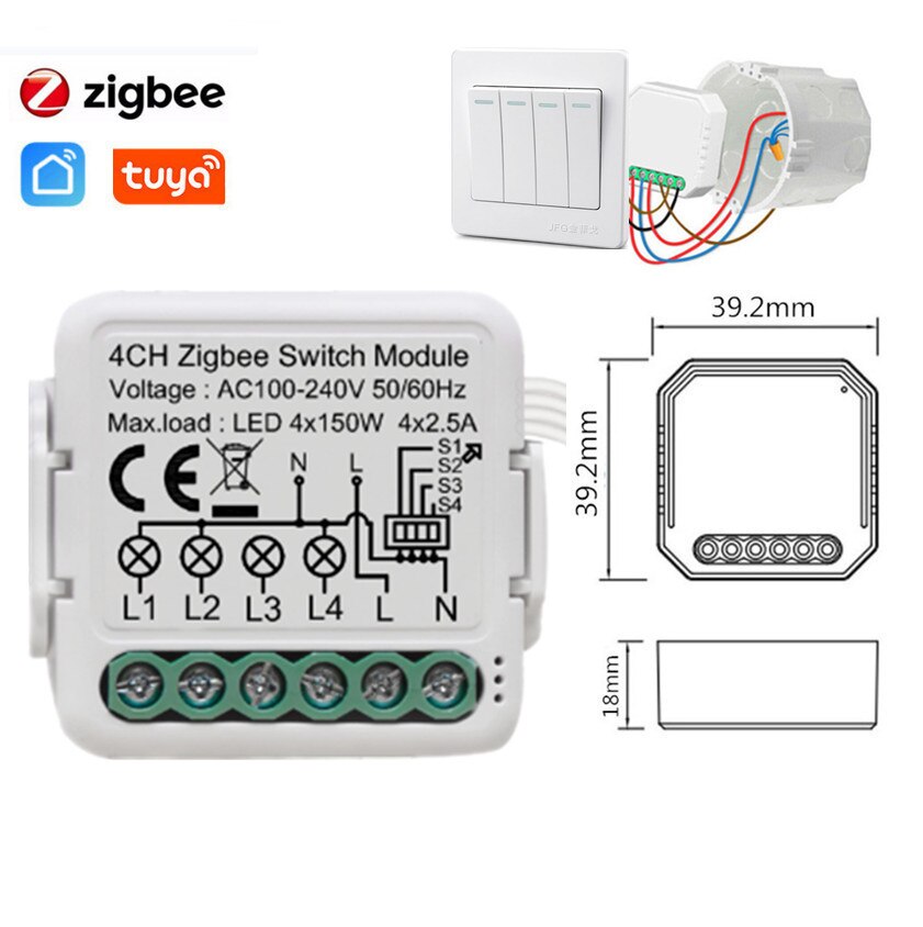 1/2/3 gang mini tuya zigbee inteligente módulo interruptor de luz vida inteligente/tuya app controle sem neutro/neutro: 4gang zigbee neutral