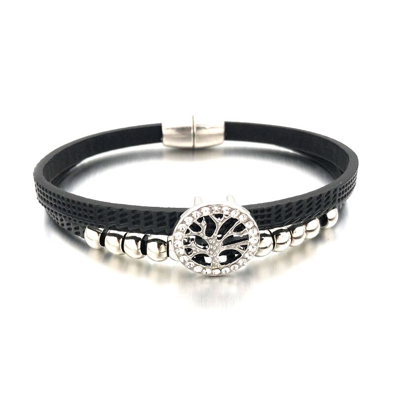 Magnet Tree Of Life 324 Crystal Pu Leather 18mm Snap Button Charm Bracelet Bangle Jewelry For Women Teenagers